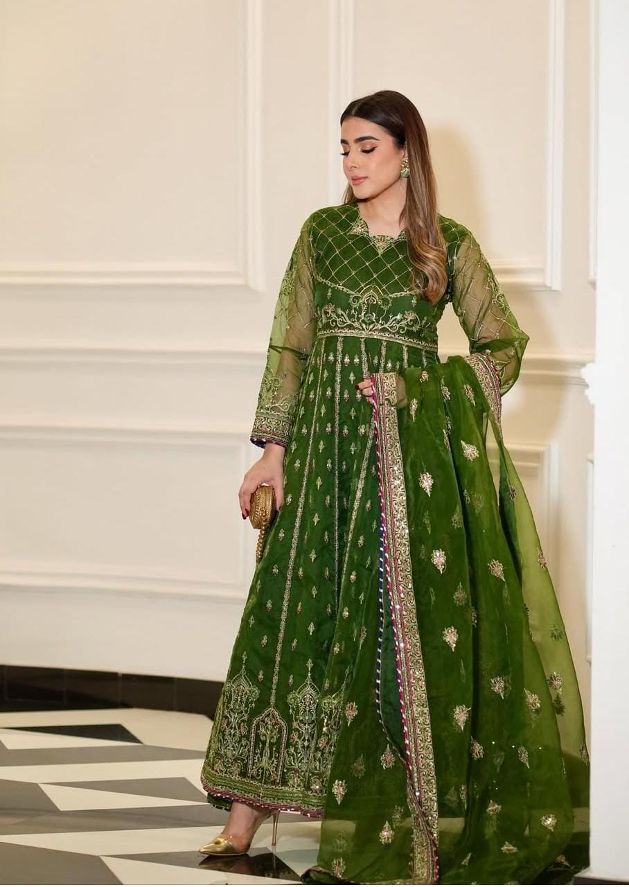 Luxury Chiffon Frock Set with Dupatta & Potli Bag – 3 Piece – AS – 063