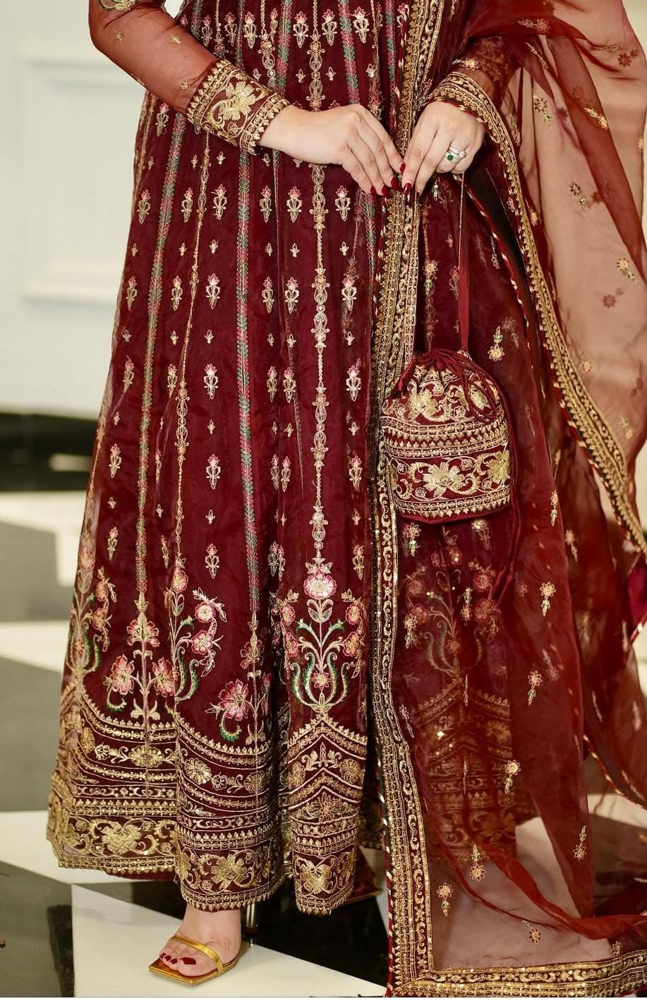 Luxury Chiffon Frock Set with Dupatta & Potli Bag – 3 Piece – AS – 062