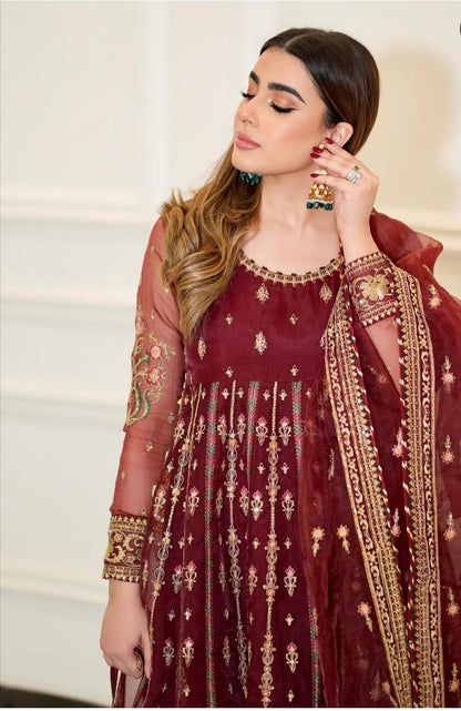 Luxury Chiffon Frock Set with Dupatta & Potli Bag – 3 Piece – AS – 062