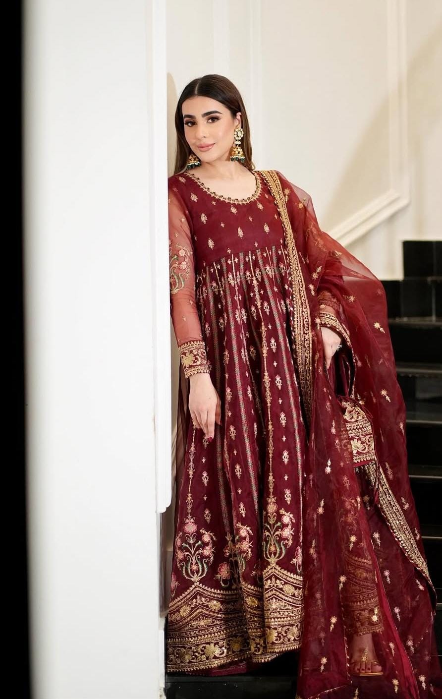 Luxury Chiffon Frock Set with Dupatta & Potli Bag – 3 Piece – AS – 062