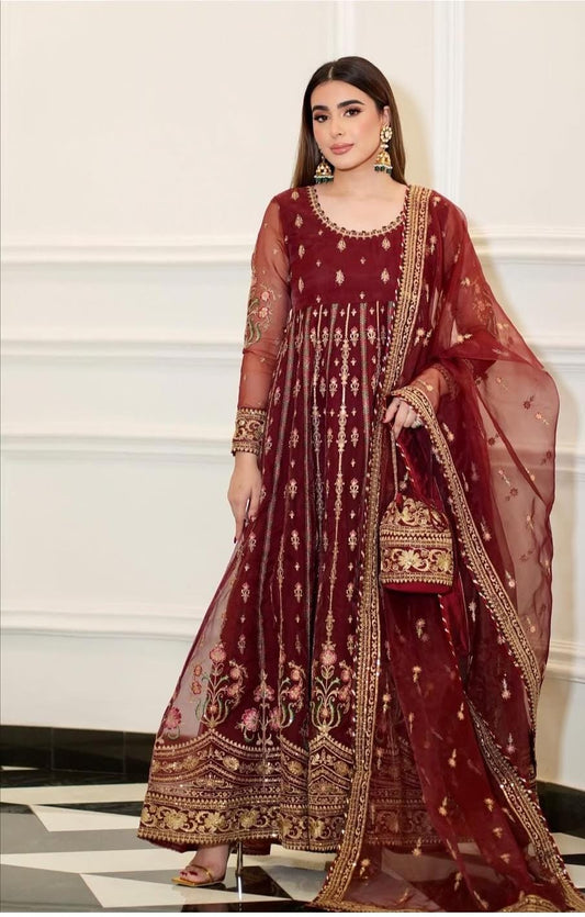 Luxury Chiffon Frock Set with Dupatta & Potli Bag – 3 Piece – AS – 062