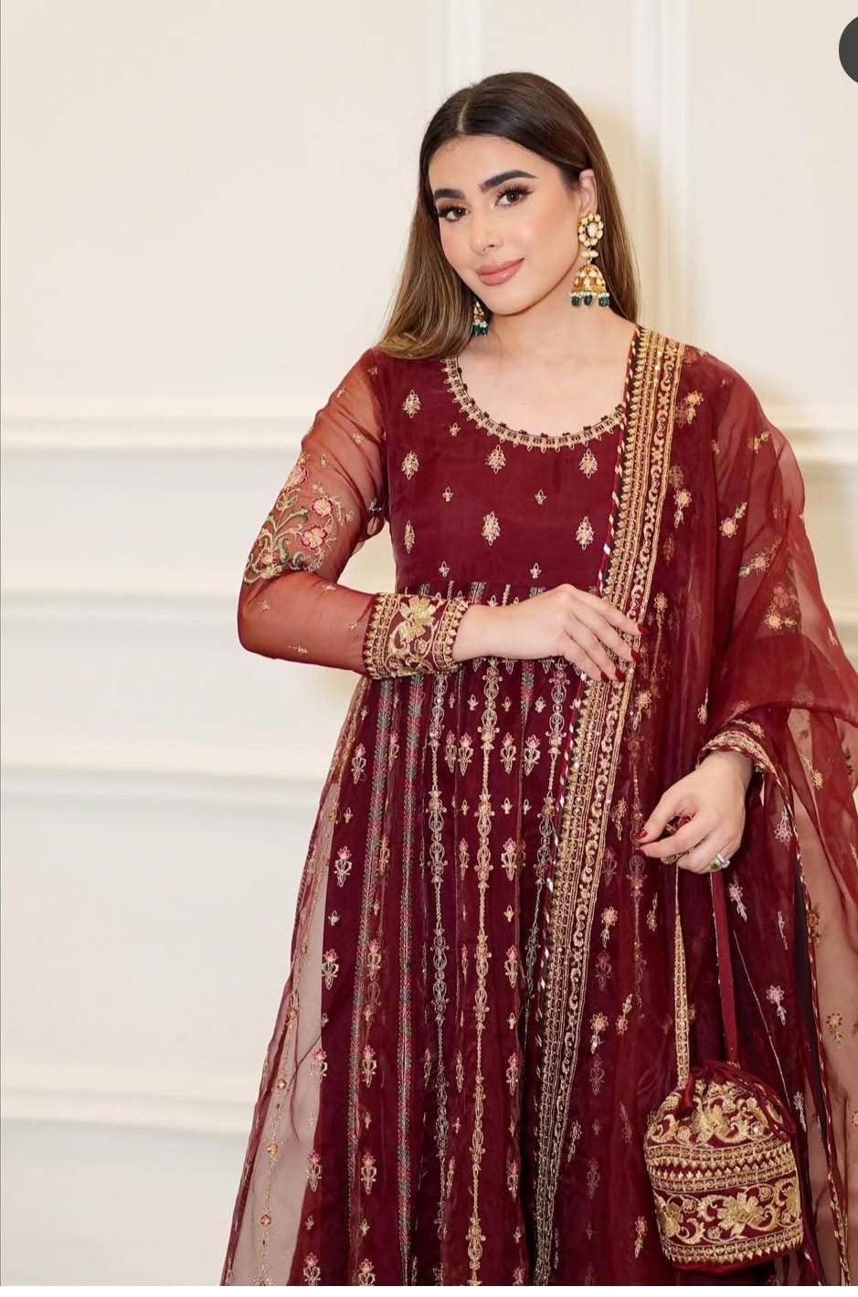 Luxury Chiffon Frock Set with Dupatta & Potli Bag – 3 Piece – AS – 062