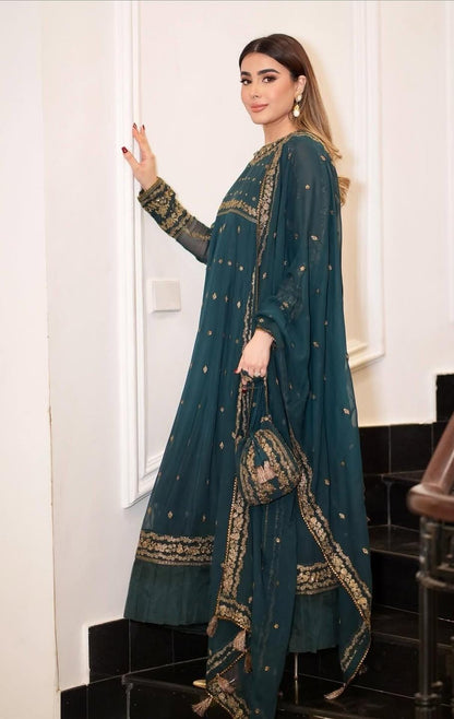 Luxury Chiffon Frock Set with Dupatta & Potli Bag – 3 Piece – AS – 064