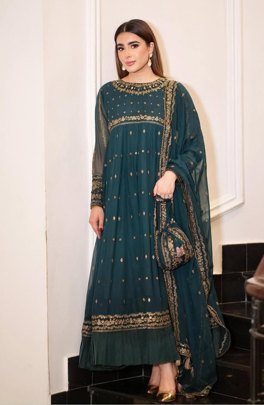 Luxury Chiffon Frock Set with Dupatta & Potli Bag – 3 Piece – AS – 064