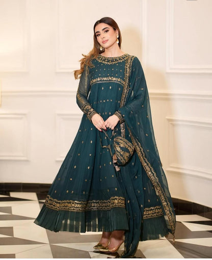 Luxury Chiffon Frock Set with Dupatta & Potli Bag – 3 Piece – AS – 064