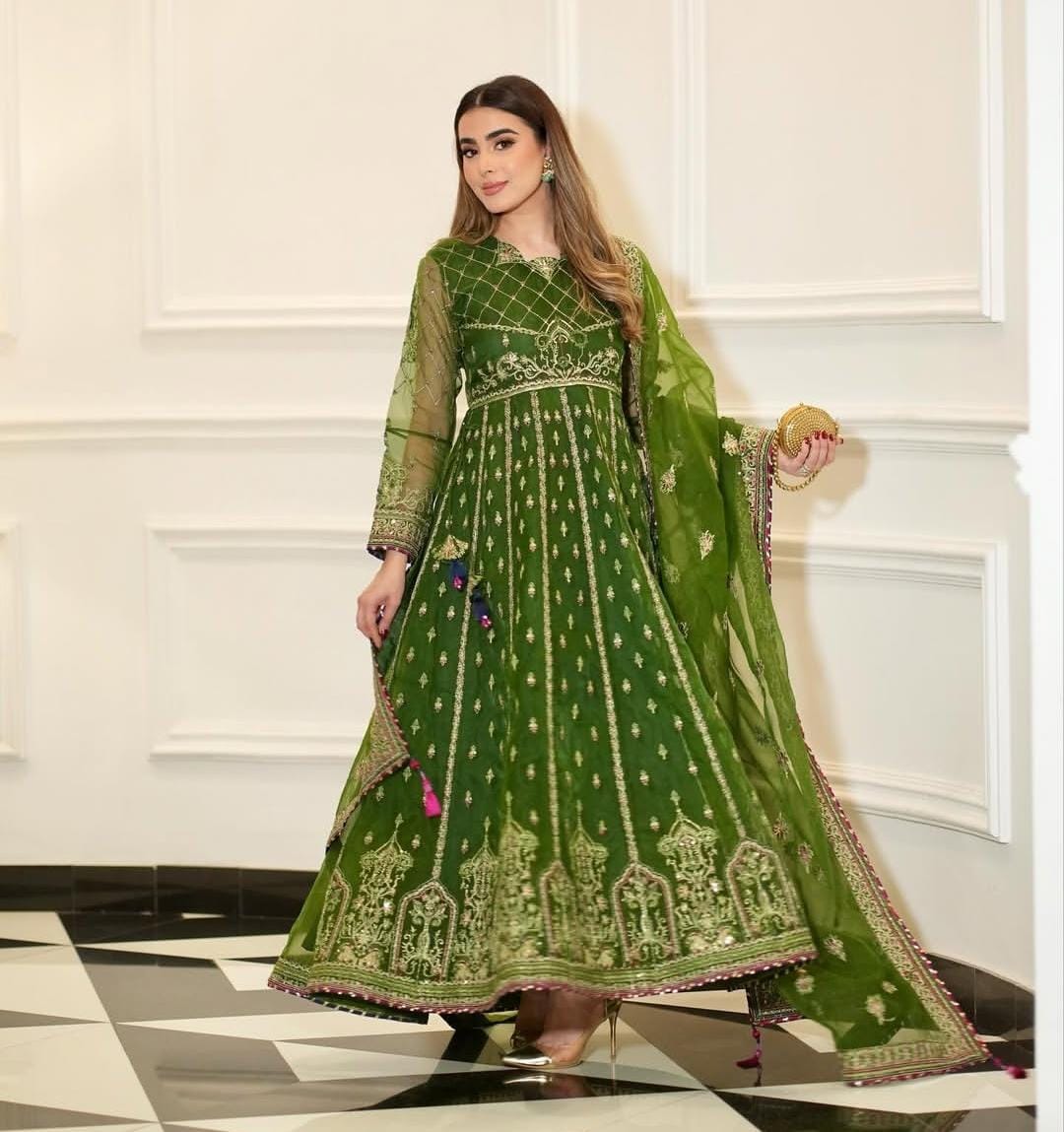 Luxury Chiffon Frock Set with Dupatta & Potli Bag – 3 Piece – AS – 063