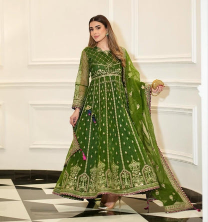 Luxury Chiffon Frock Set with Dupatta & Potli Bag – 3 Piece – AS – 063