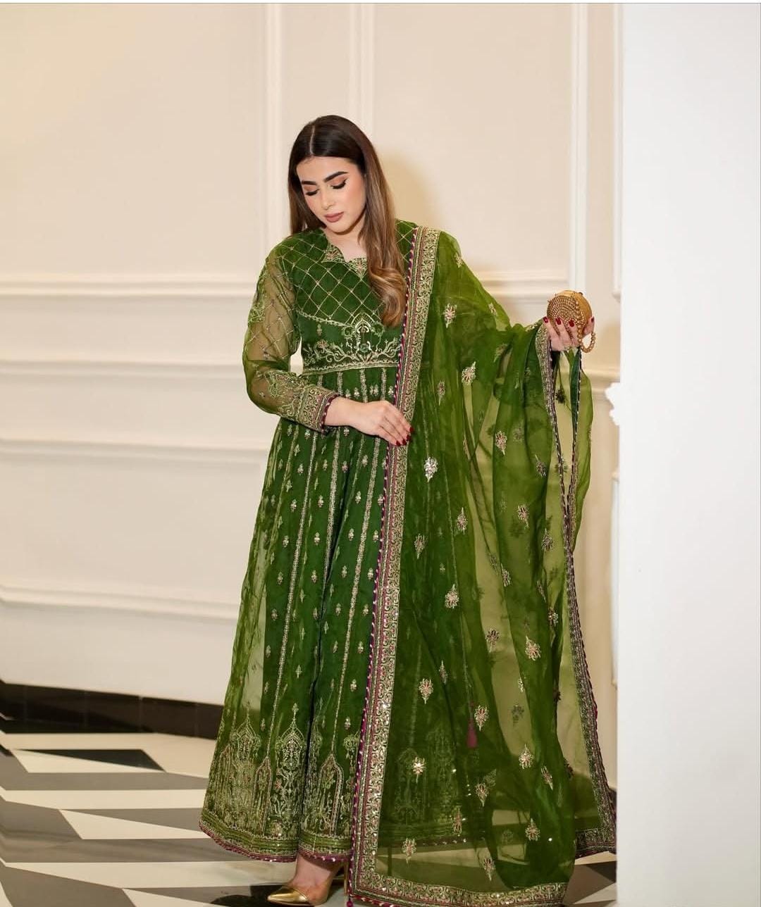 Luxury Chiffon Frock Set with Dupatta & Potli Bag – 3 Piece – AS – 063